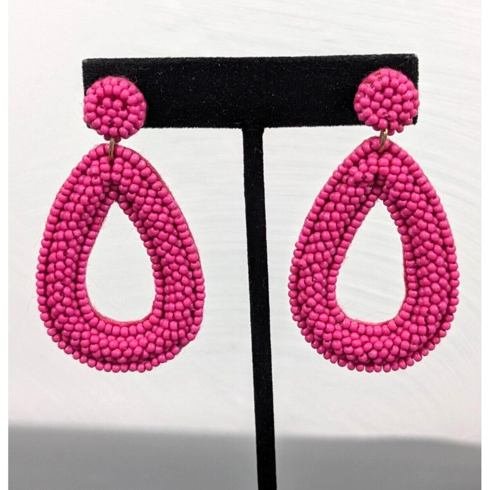 Boho Pink Seed BEaded Teardrop Runway Bold Dangle Charm Earrings Pierced